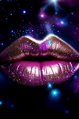 Glittering female lips with shiny color lipstick. - obrazy, fototapety, plakaty