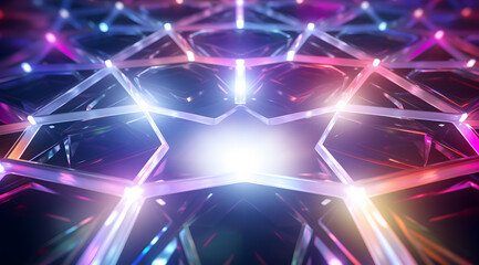 Abstract geometric crystal background with a futuristic glow in shades of blue, purple, and pink, creating a radiant light effect. - obrazy, fototapety, plakaty