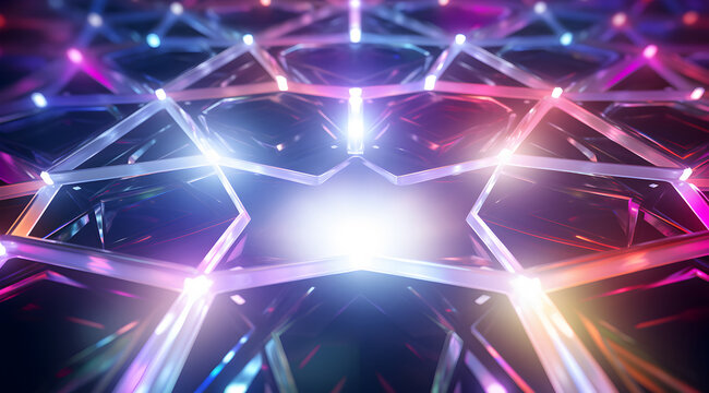 Abstract geometric crystal background with a futuristic glow in shades of blue, purple, and pink, creating a radiant light effect.
