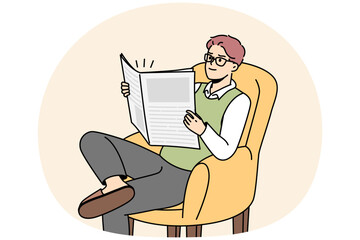 Young man in glasses sit on chair at home reading newspaper. Smiling male relax in armchair on weekend with magazine. Recreation and relaxation. Vector illustration.