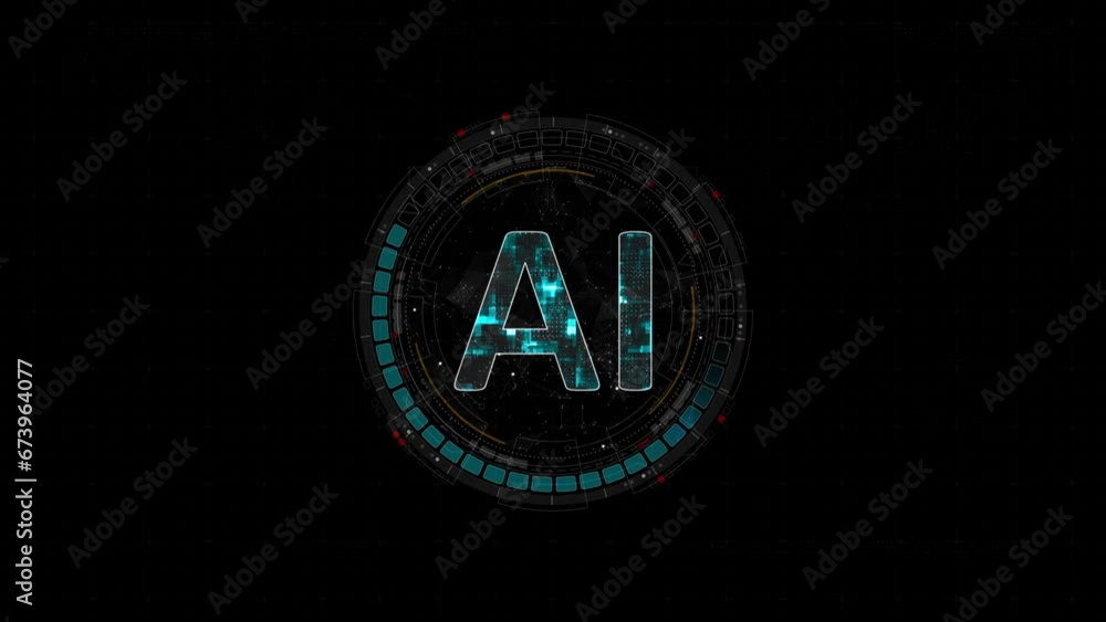 Poster motion graphic of blue digital ai letter and circle futuristic hud elements with ai chatbot and mach