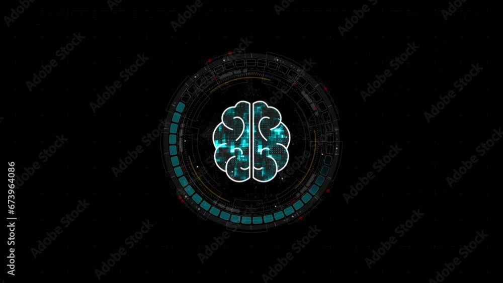 Poster motion graphic of blue digital robot brain logo and circle futuristic hud elements with ai chatbot a