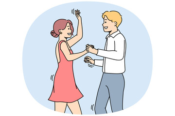 Smiling man and woman dancing together having fun. Happy couple perform at dance competition. Hobby and occupation. Vector illustration.