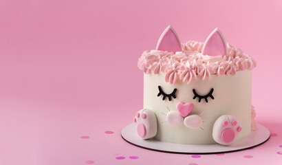 Cute birthday cake in the shape of cat with mastic ears and paws decorated with pink cream fur on the pink background. Adorable cake for a little girl who likes cats