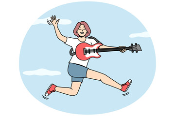 Overjoyed young woman jump in air play on guitar. Smiling girl have fun playing on musical instrument. Hobby and entertainment. Vector illustration.