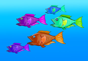 schools of fish in the depths of the sea are full of color, with a blue background of sea water