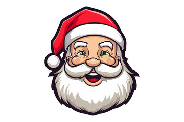 Santa Calusa face on isolated transparent background. Cheerful smiling Santa Claus in a red hat and a beautiful long beard. Vector illustration for Christmas or New Year, logo.