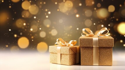 Obraz na płótnie Canvas Golden Christmas Gift Boxes Background. Festive Golden Gifts Background.
