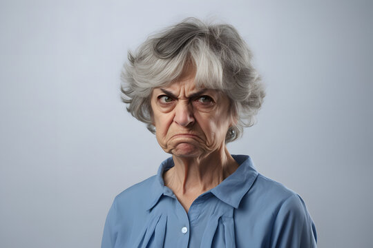 scowl senior Caucasian woman, head and shoulders portrait on gray background. Neural network generated image. Not based on any actual person or scene.