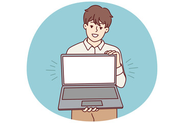 Smiling young man holding laptop with mockup screen. Happy male show empty blank copy space on computer display. Vector illustration.