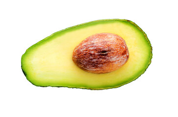 Top view of single fresh avocado slice with core isolated on a transparent background in close-up. 