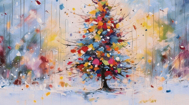 Colorful Christmas tree, modern watercolor art, generative ai