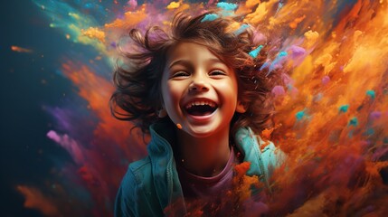 A colorful photograph of a boy at the Holi festival. Generative Ai.