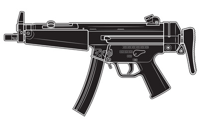 Vector illustration of the MP5 machine gun with folded stock on the white background. Black. Left side.