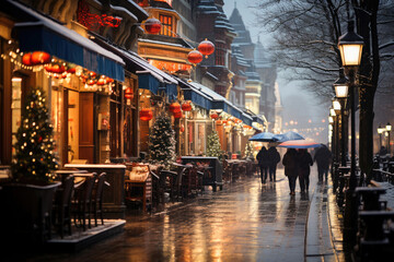 A snowy winter street twinkles with festive Christmas lights, creating a warm and inviting holiday shopping scene.