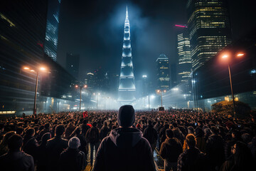 A vast crowd of people gathers at night in the city, with towering, lit-up skyscrapers creating a dramatic backdrop.