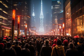 A throng of people in winter attire gathers on a city street at night, with glowing red lights and skyscrapers looming above.