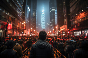 Crowd with umbrellas gathers on a rain-soaked city street at night, with vibrant lights and towering buildings.