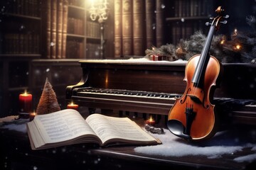Winter colors and music, snow covered bench, violin and piano in a room with fir tree branches and decoration.