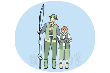 Smiling father and little son in special khaki costumes posing with fish. Happy dad and child excited with catch after fishing together. Hobby. Vector illustration.
