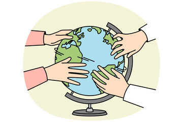 Diverse people touch globe interested in geography. Hands turn planet Earth sphere. Environment conservation and education. Vector illustration.