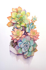 Watercolor Painting of a Collection of Succulent Plants