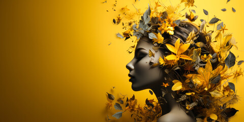 Ethereal Portrait of Woman Merged with Radiant Yellow Flowers