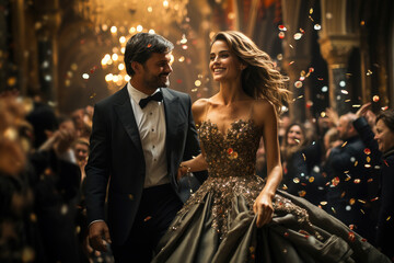 A dazzling couple dances joyously at a glamorous party, the woman in a sparkling gown, with confetti falling around them.