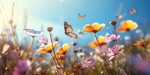 A meadow in nature with a field of brilliant cosmos flowers and a butterfly. Generative Ai.