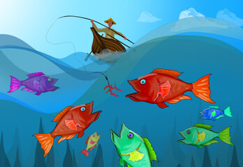 Naklejka premium anglers and fish in the sea, a group of fish are snatching food from the angler's fishing hook from the boat,