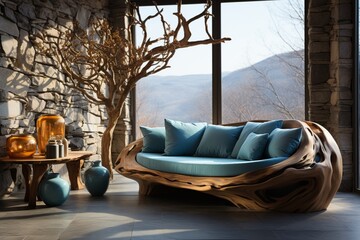 Against a wall with stone composition, there's a unique blue loveseat sofa made from wood branches. Rustic home interior design of a modern living room