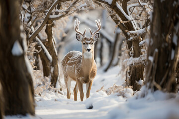 Majestic white-tailed buck with impressive antlers stands alert in a peaceful, snowy forest glade.