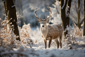 A regal red deer stag stands adorned with a magnificent antler crown against a snowy forest backdrop, bathed in soft morning light.