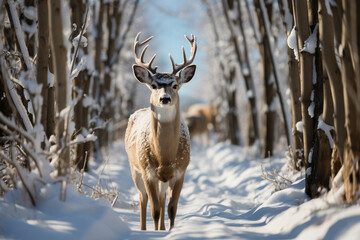 Naklejka na ściany i meble A majestic white-tailed deer stands in a tranquil snowy forest, highlighted by the soft winter sunlight.