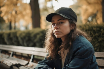 Thoughtful young woman in cap sitting on street bench in daylight