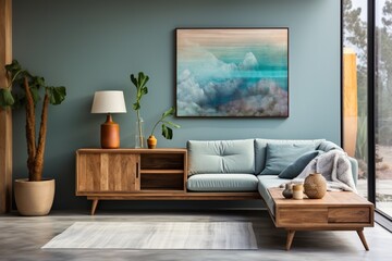Against a white wall with a big art poster frame, there's a wooden cabinet. Mid-century style home interior design of a modern living room
