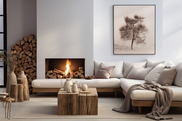 Against a white wall with a wooden cabinet and an art poster, there are two white sofas near a fireplace. Scandinavian minimalist style home interior design of a modern living room