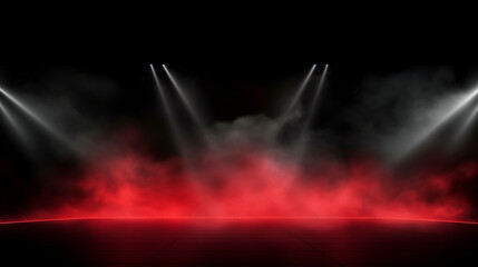large theater stage with red smoke and lighting, performing arts platform 