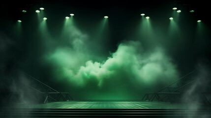 large theater stage with green smoke and lighting, performing arts platform 