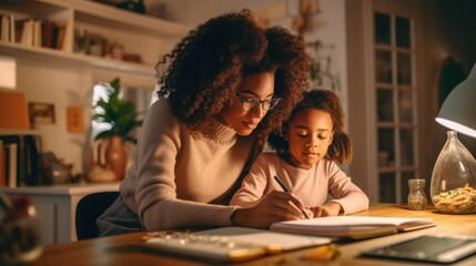 Mother and child study together, exploring homework with curiosity and warmth. A teacher helps a pupil with homework in the classroom. - obrazy, fototapety, plakaty