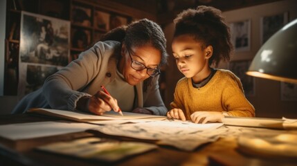 A loving mother guides her child through homework, both curious and engaged. A teacher helps a pupil with homework in classroom.