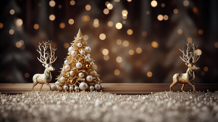 Christmas tree as a symbol of Christmas with gilded deer in the background bokeh. Festive wallpaper concept. Background or wallpaper with copy space. AI generated.