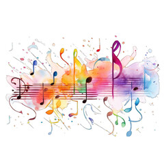 Abstract Music notes, rainbow colors in a watercolor paint splash, isolated on transparent...