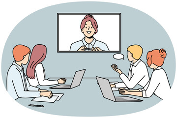 Smiling businesswoman talk on video call with colleagues in office. Businesspeople have web conference in boardroom. Digital communication. Vector illustration.