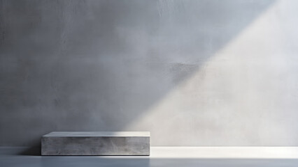 Stone podium, product placement layout in interior room with a white floor against a grey concrete wall