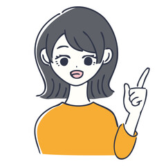 指差しする黒髪の女性の上半身