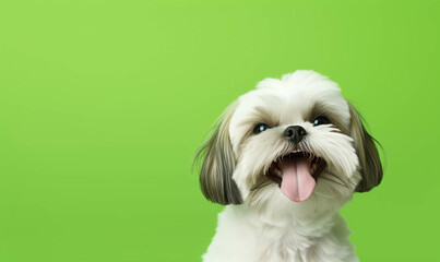  Portrait of a dog , Closeup portrait of funny, cute, happy dog, looking at the camera with mouth open isolated on colored background. Copy space. 