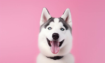  husky Portrait of a dog , Closeup portrait of funny, cute, happy dog, looking at the camera with mouth open isolated on colored background. Copy space. 