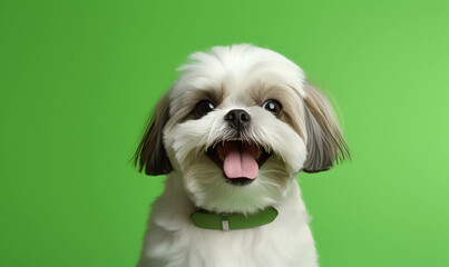 Portrait of a dog , Closeup portrait of funny, cute, happy dog, looking at the camera with mouth open isolated on colored background. Copy space. 