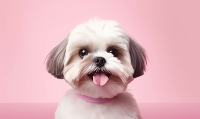  Portrait of a dog , Closeup portrait of funny, cute, happy dog, looking at the camera with mouth open isolated on colored background. Copy space. 